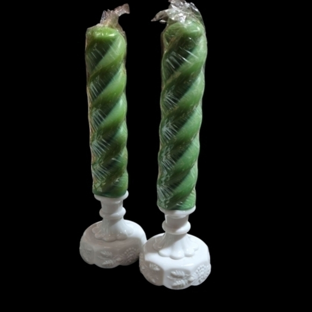 Westmoreland Milk Glass Grape and Leaf Pattern Tapered Candle Holders